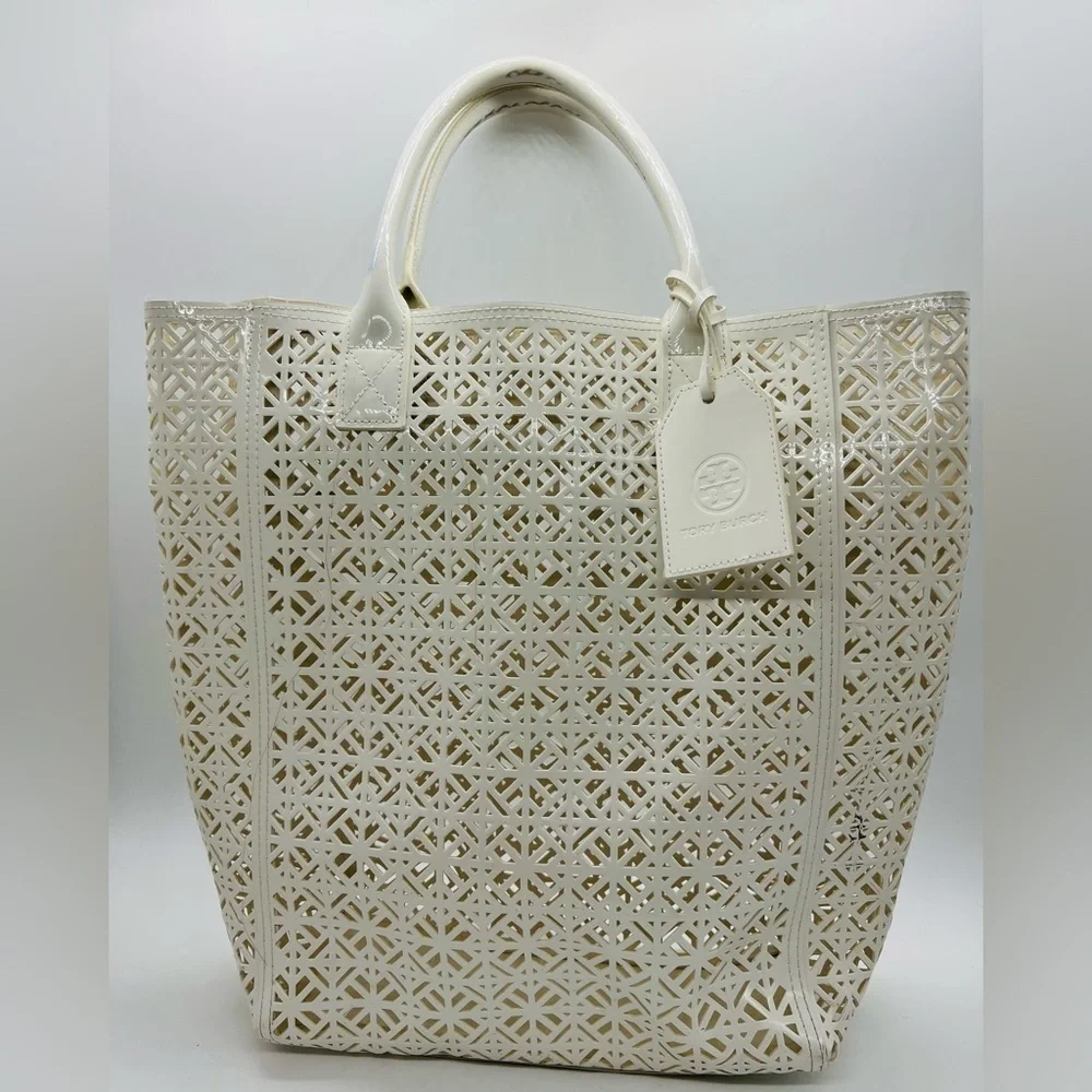 Tory Burch white geometric laser cut out tote bag